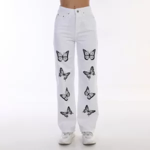 بنطلون بطبعة فراشات - ابيض