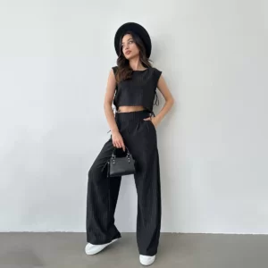 طقم قصير مخطط - اسود