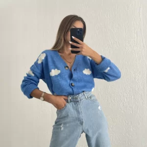 جاكيت بطبعة غيوم - free size, ازرق